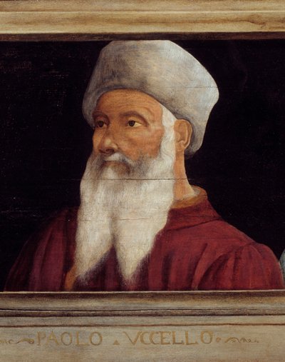 Cassone met 5 portretten van de Meester van de Florentijnse Renaissance, detail met het portret van Paolo di Dono (1397-1475) genaamd Paolo Uccello. De inscriptie eronder is waarschijnlijk later toegevoegd. Louvre Museum, Parijs door Paolo Uccello