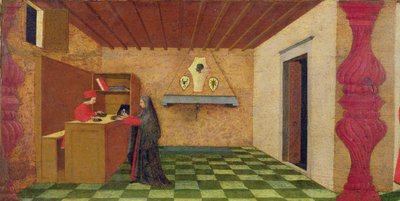 Predella van de Profanatie van de Hostie: De Christelijke Vrouw Gedwongen om haar Mantel te Verlossen tegen de Prijs van de Geconsacreerde Hostie door een Joodse Pandjesbaas (detail) door Paolo Uccello