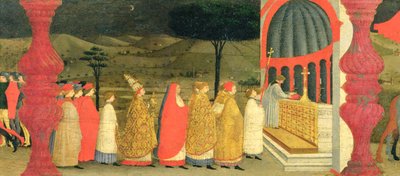 Predella van de Profanatie van de Hostie: De Paus die de Geconsacreerde Hostie Terugplaatst op het Altaar, c.1468 (detail) door Paolo Uccello