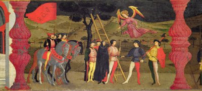 Predella van de ontheiliging van de hostie: De berouwvolle christelijke vrouw wordt opgehangen voor het verpanden van de geconsacreerde hostie, ca.1468 (tempera op paneel) (detail) door Paolo Uccello
