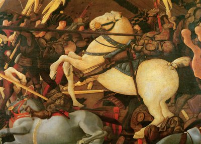 De Slag bij San Romano (detail van Bernardino della Ciarda die van zijn paard valt) door Paolo Uccello