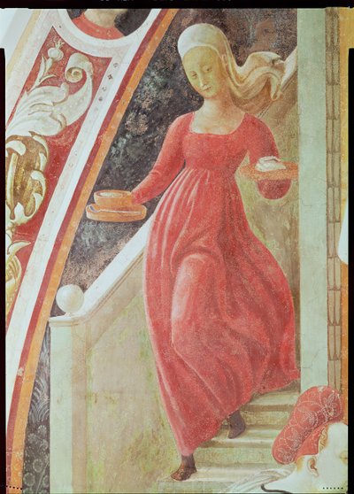 De Geboorte van de Maagd, dienstmeid die een trap afdaalt, uit de fresco cyclus van De Levens van de Maagd en St. Stefanus (detail) door Paolo Uccello