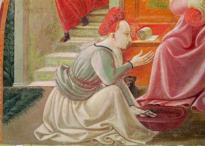 De Geboorte van de Maagd, zittende dienstmeid, uit de fresco cyclus van De Levens van de Maagd en St. Stefanus (detail) door Paolo Uccello