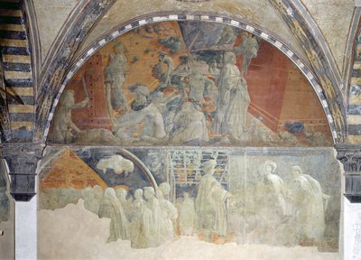 De zondvloed en het terugtrekken van het water (bovenste gedeelte) Het offer en de dronkenschap van Noach (onderste gedeelte) lunet door Paolo Uccello
