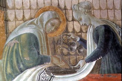 De geboorte van de Maagd, detail (St. Anne die haar handen wast, uit de Kapel van de Hemelvaart, 1433-34) door Paolo Uccello