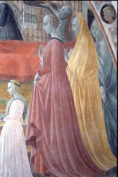 De geboorte van de Maagd, (detail) die de vrouwen van de familie van de schenker uit de Kapel van de Hemelvaart afbeeldt door Paolo Uccello