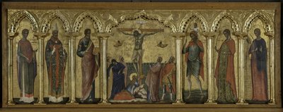 St. Stratonicus, St. Hermolaus, St. Matthew, St. Cristopher, St. Thecla en St. Abundius, Polyptych van de Kruisiging met Heiligen door Paolo Veneziano