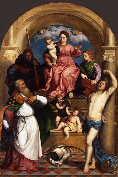 Madonna met Kind en Heiligen op de Troon, ca. 1530 door Paris Bordone