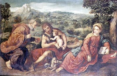 Heilige Familie met Johannes de Doper in een landschap door Paris Bordone