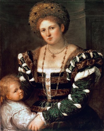 Portret van een Dame met een Jongen door Paris Bordone