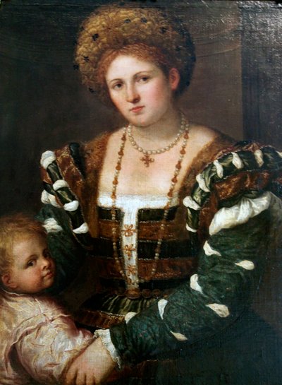 Portret van een dame met haar zoon door Paris Bordone