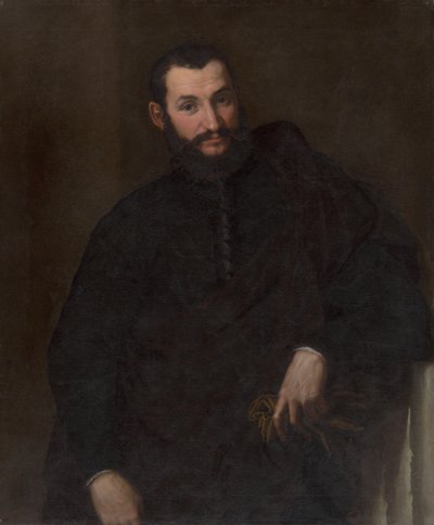 Portret van een man (met een fragment van een antieke kolom) door Paris Bordone