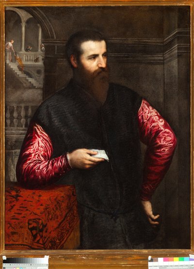 Portret van een edelman met rode mouwen door Paris Bordone