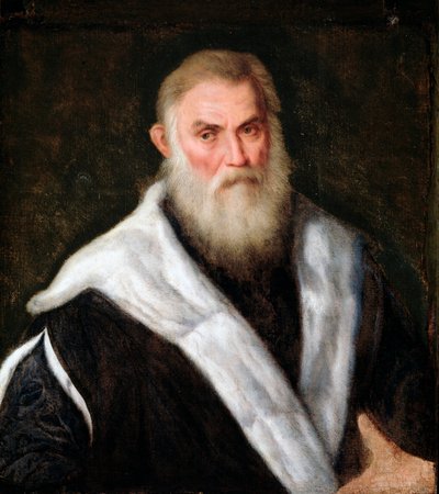Portret van een oude man met een bontjas Schilderij door Paris Bordon (1500-1571) 16e eeuw Afmetingen 70x62 cm Genua Musei di Strada Nuova (ex Palazzo Rosso) door Paris Bordone