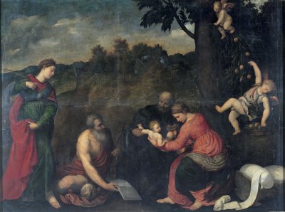 De Heilige Familie met heiligen Hiëronymus, Catharina van Alexandrië en engelen door Paris Bordone