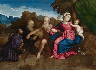 De Maagd Maria en Kind met Heiligen Jerome en Antonius Abt en een Donateur, c.1522 door Paris Bordone