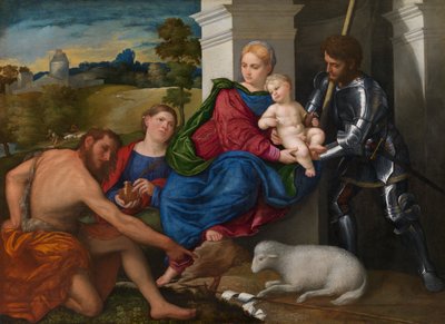 De Maagd en het Kind met de Heiligen Johannes de Doper, Maria Magdalena en George (mogelijk), ca. 1524 door Paris Bordone