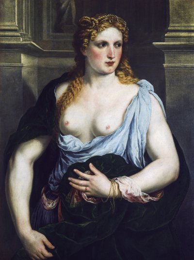 Vrouw met een groene mantel, ca. 1550 door Paris Bordone