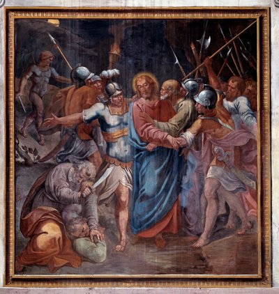 Leven van Christus: de kus van Judas en de gevangenneming van Christus (detail) door Paris Nogari