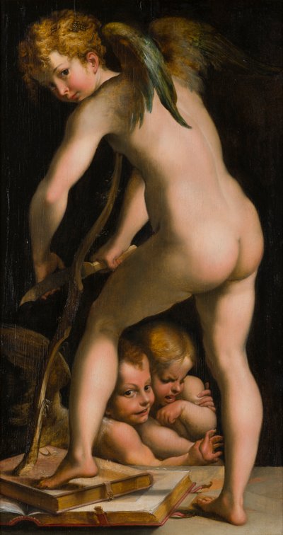 Cupido die zijn boog scheert door Parmigianino 