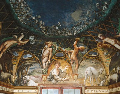 Ceres bij evenementen omringd door jachthonden en cherubijnen, uit Mythe van Diana en Actaeon door Parmigianino
