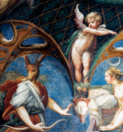 Diana verandert Actaeon in hert, detail van Mythe van Diana en Actaeon, circa 1524, door Francesco Mazzola, bekend als Parmigianino, fresco, Kamer van Diana en Actaeon, Rocca Sanvitale, Fontanellato, nabij Parma, Emilia-Romagna door Parmigianino