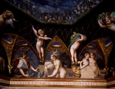Diana verandert Actaeon in een hert, scène uit de mythe van Diana en Actaeon door Parmigianino