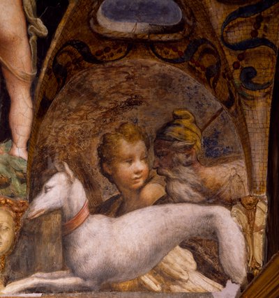 Hond en jager, uit de Mythe van Diana en Actaeon door Parmigianino