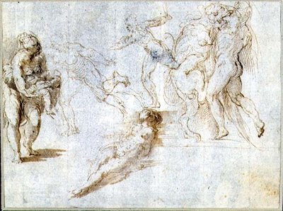 Figurenstudies: Vrouw met een Baby; Man Achtervolgd door een Ander; Naakte Vrouw Liggend op de Grond; Hercules en de Nemeïsche Leeuw door Parmigianino