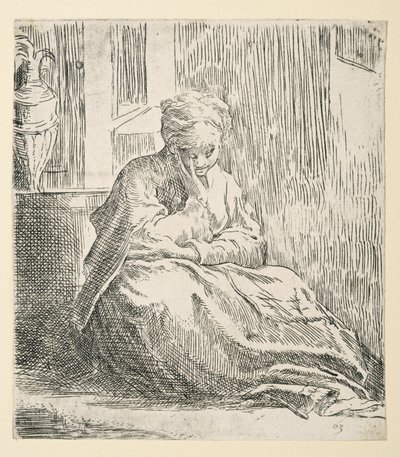 Vrouw zittend op de grond, bekend als Sint Thais (ets) door Parmigianino