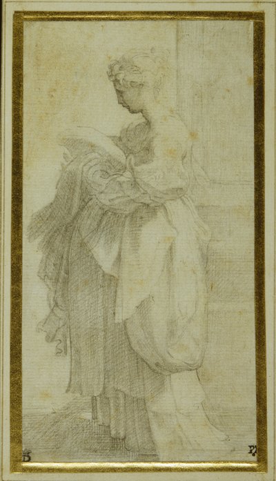 Staand figuur van een meisje met omvangrijke draperieën door Parmigianino 