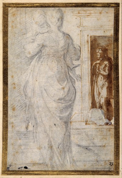 Achteraanzicht van een vrouw met een kind; een man leunt op zijn staf in een deuropening door Parmigianino