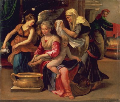 Het baden van een baby door Parmigianino