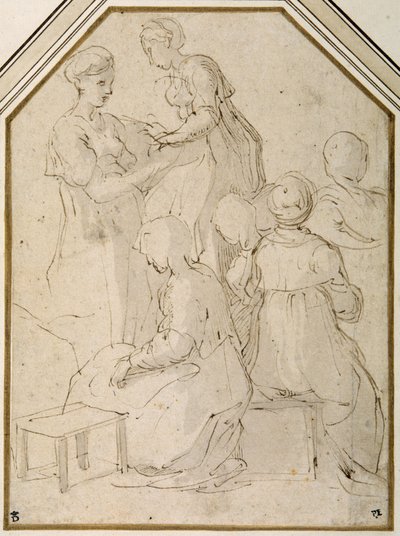 Huiselijke groep, twee staande vrouwen en vier zittende door Parmigianino