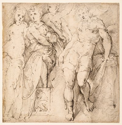Vier figuurstudies (recto) door Parmigianino