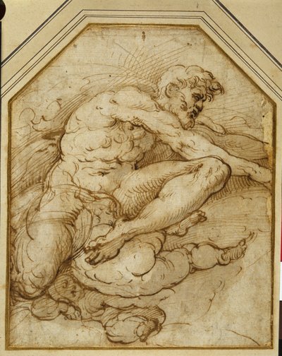 Mannelijke figuur, gedragen door putti in wolken door Parmigianino