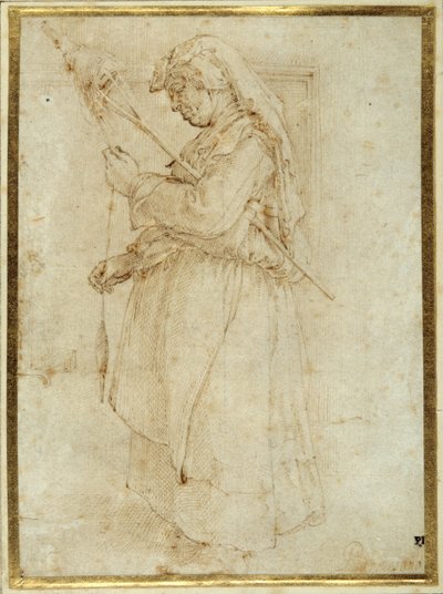 Oude vrouw met een spinrok, staand voor een open haard door Parmigianino