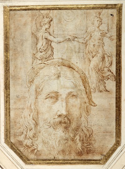 Zelfportret, opgelegd op voorlopige studies voor twee canephori van de Steccata door Parmigianino