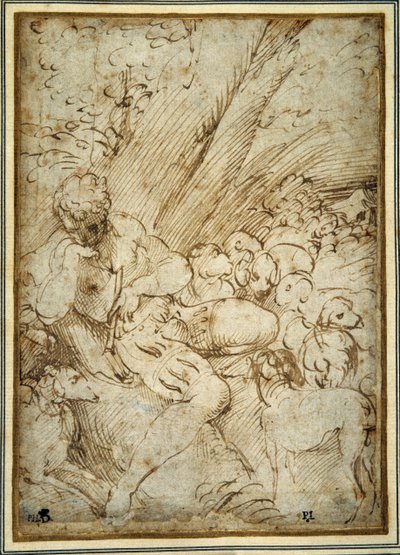 Herderjongen met een pijp, rustend onder een boom met zijn hond tussen hun kudde door Parmigianino