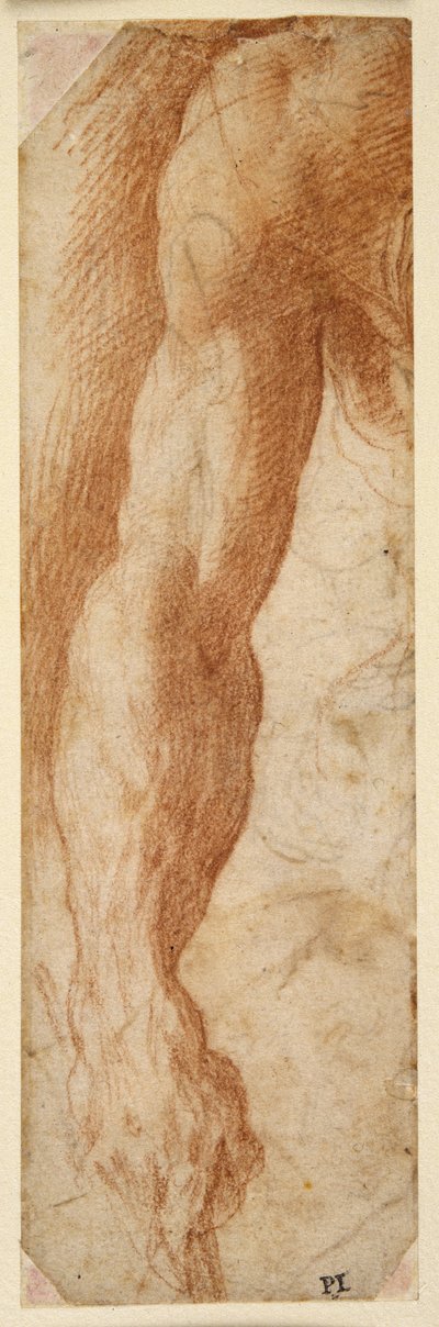 Studie van de rechterarm van een man, zijn hand houdt een stok vast door Parmigianino