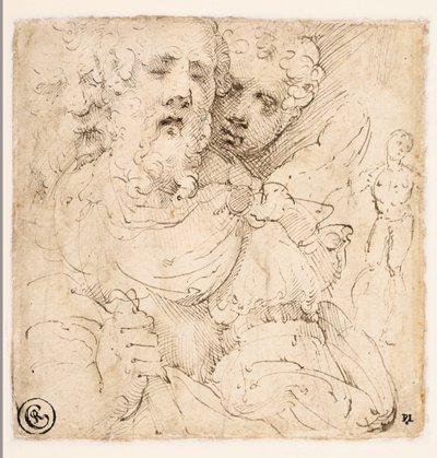 Studie van gezichten en een staande figuur (verso) door Parmigianino