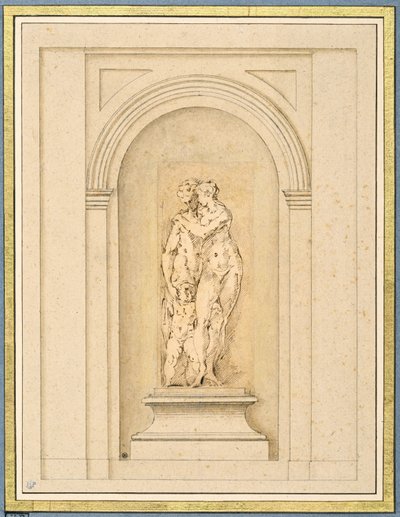 Twee figuren en een cupido omgeven door een later architecturaal kader door Parmigianino