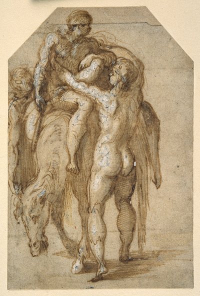 Twee naakte mannen tillen een zieke man van een vermoeid paard door Parmigianino