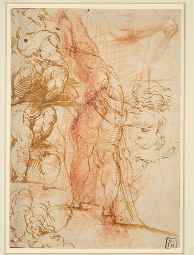 Mehrere Beinstudien von Putten, einwärts laufender Männerakt, Beinstudie und stehende Figur door Parmigianino