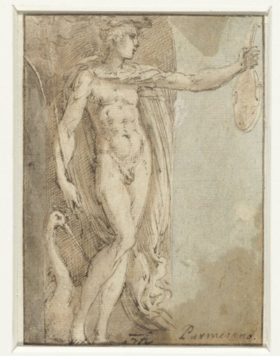Mercurius staand in een nis met een viool en een ibis door Parmigianino