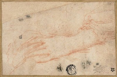 Schets van linkerhand en pols door Parmigianino