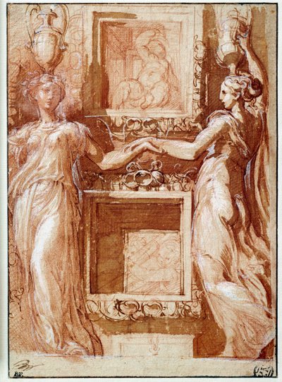 Twee kanephoren die hun hand geven, aan beide zijden van dozen Tekening in inkt, was, bloed en witte flappen door Girolamo Francesco Maria Mazzola, bekend als Parmigianino of Le Parmesan door Parmigianino