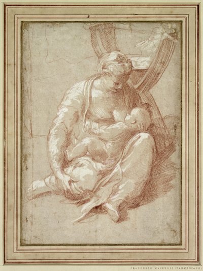 Maagd zittend op de grond, het kind voedend door Parmigianino