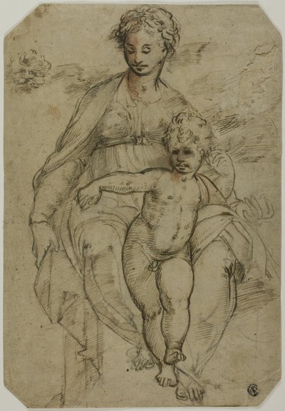 Maagd en Kind (recto); Schets van Drie Heiligen en Karikatuurschets (verso) door Parmigianino