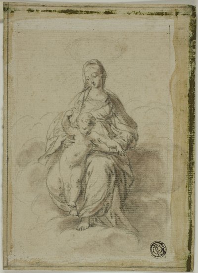 Maagd en kind gezeten op wolken door Parmigianino